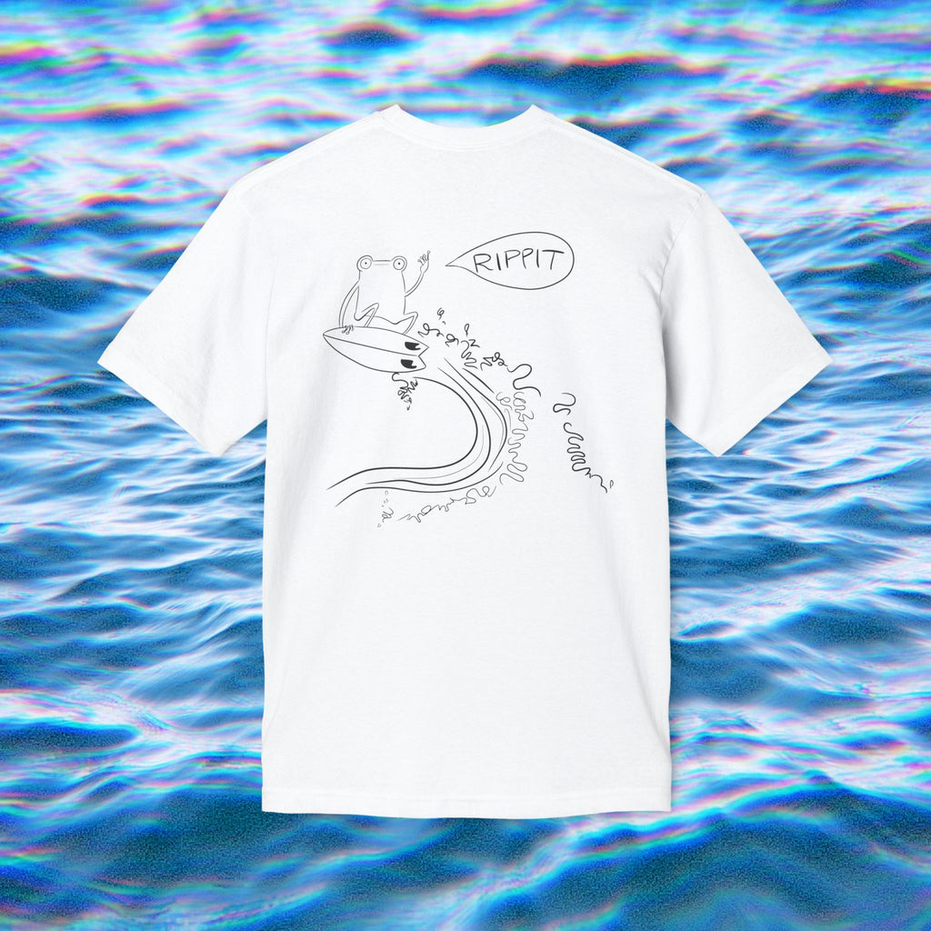 zoom view of the surfjoy original rippit t-shirt with a design of a frog catching air on a wave