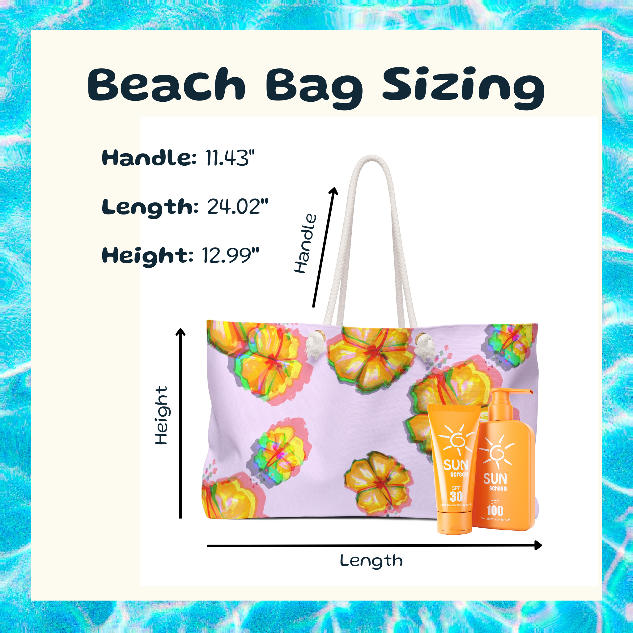 Beach bag with floral design and sunscreen bottles, labeled for size on a blue water background.