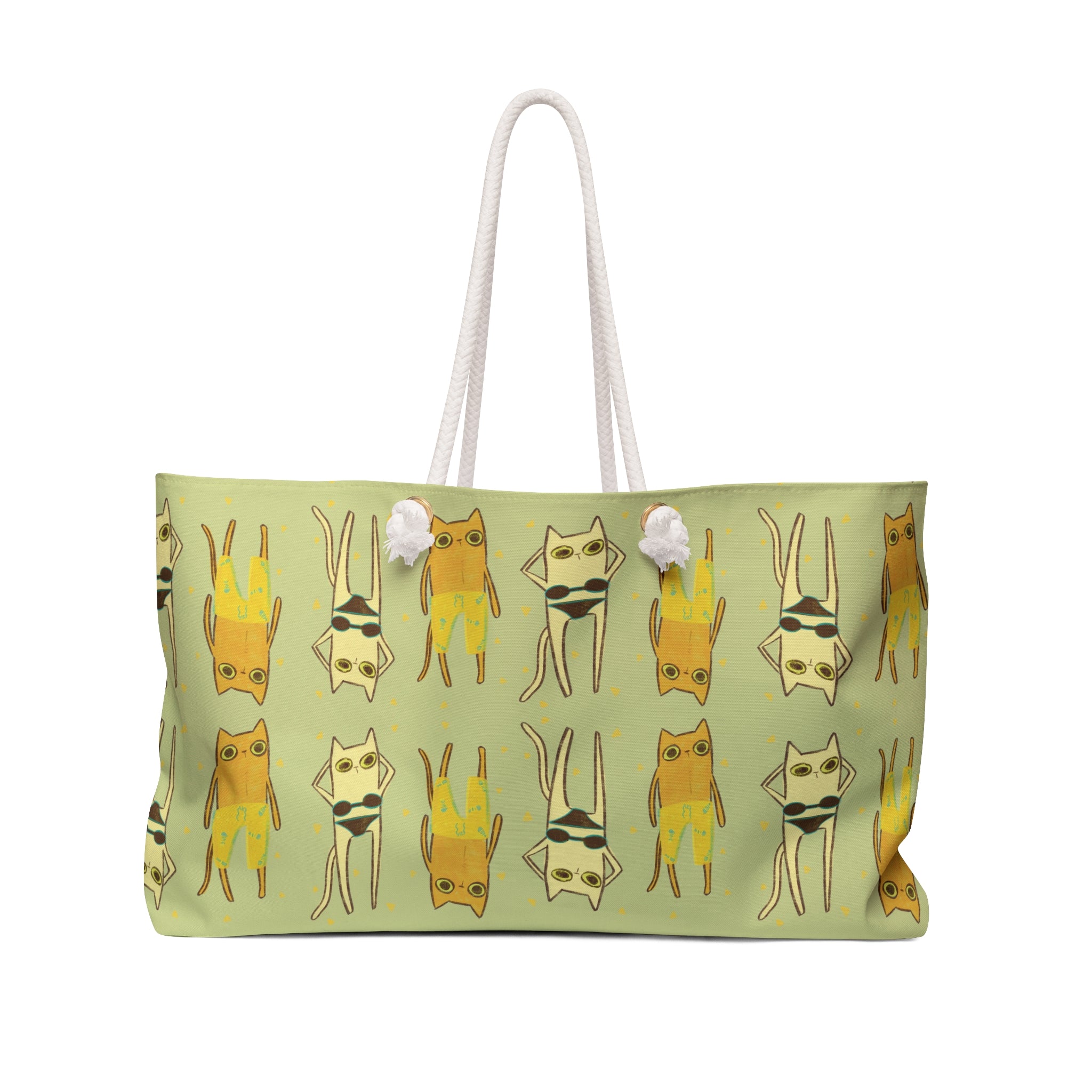 Front view of an oversized green beach bag featuring an all-over print of cats in swimsuits in funky 90s style illustration