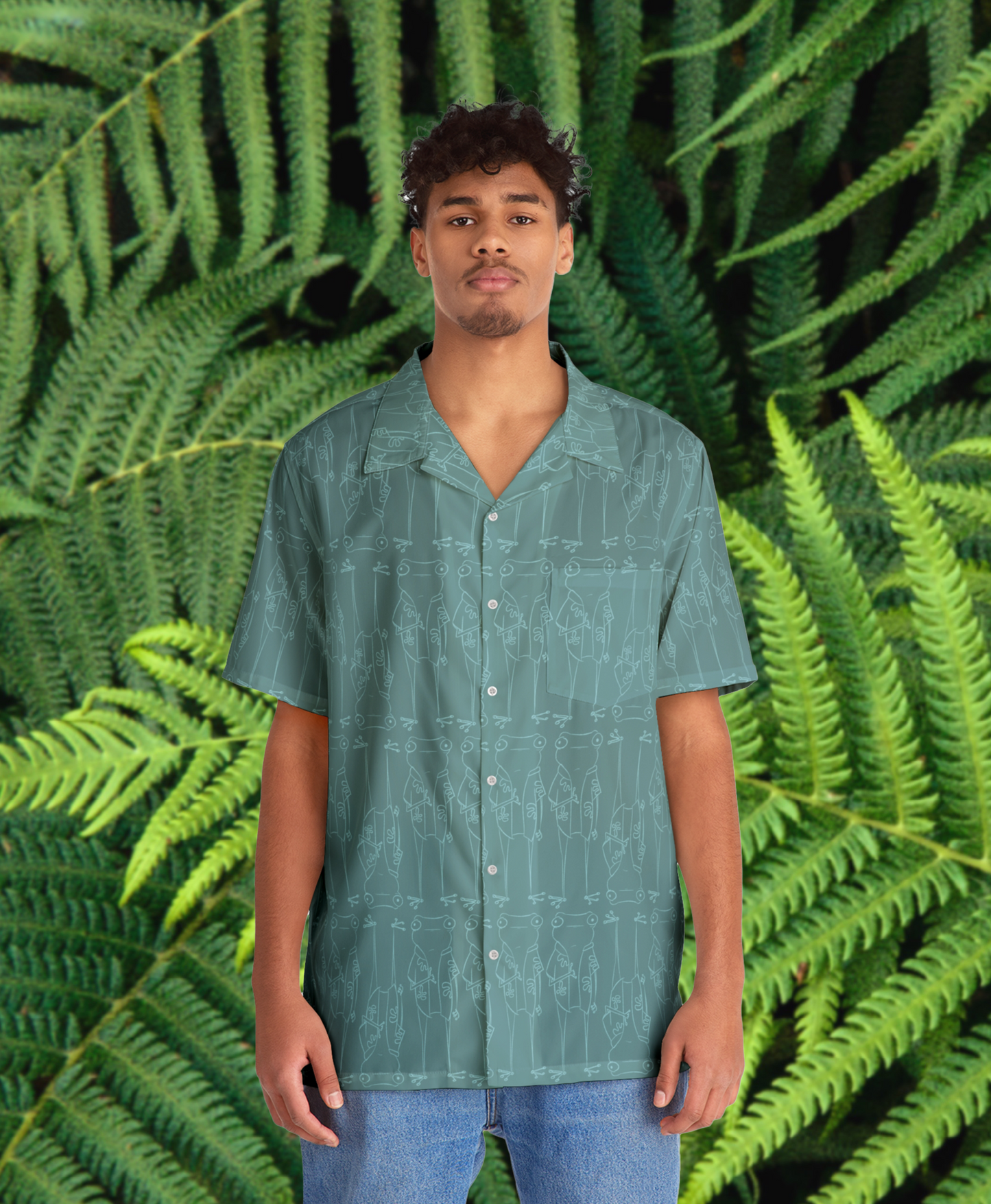 Hawaiian Man wearing a surfjoy frog character button up in muted aqua blue with lighter blue print