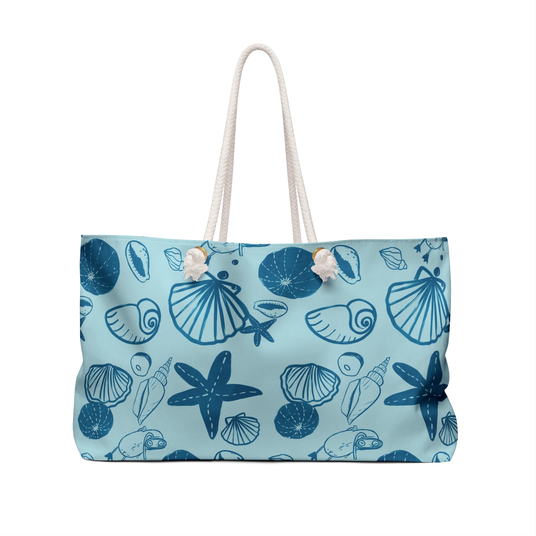 back view of a blue beach bag with blue seashell pattern on a light blue background for shell divers
