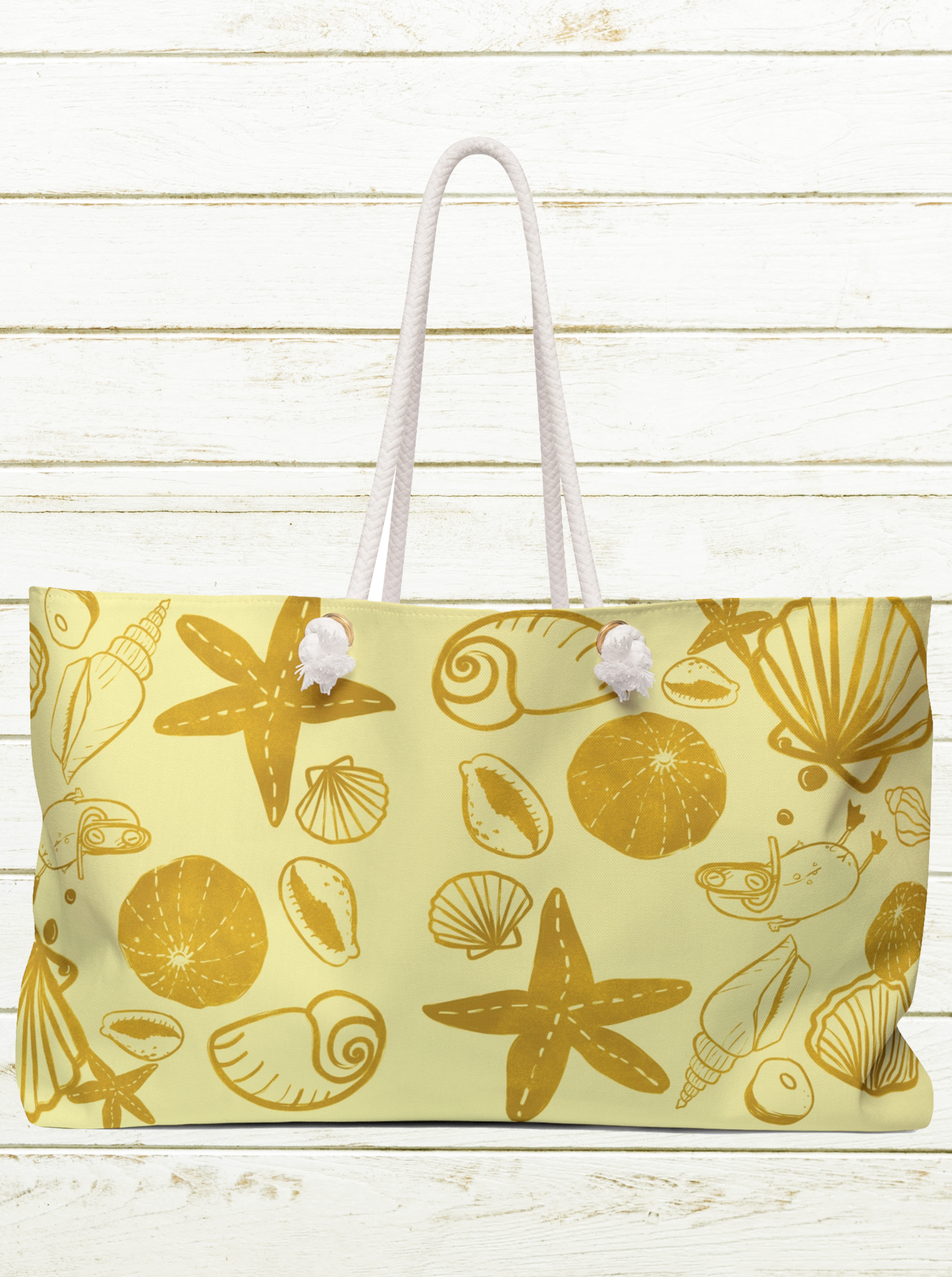 large beach bag with vintage yellow print of sea shells and a surfjoy frog character diving 