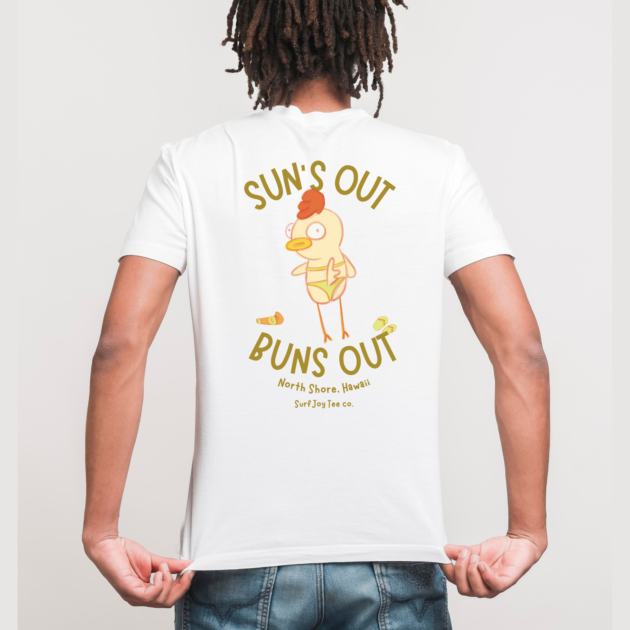 man wearing a funny beach t-shirt with a chicken in a bikini by text that reads 'suns out buns out'