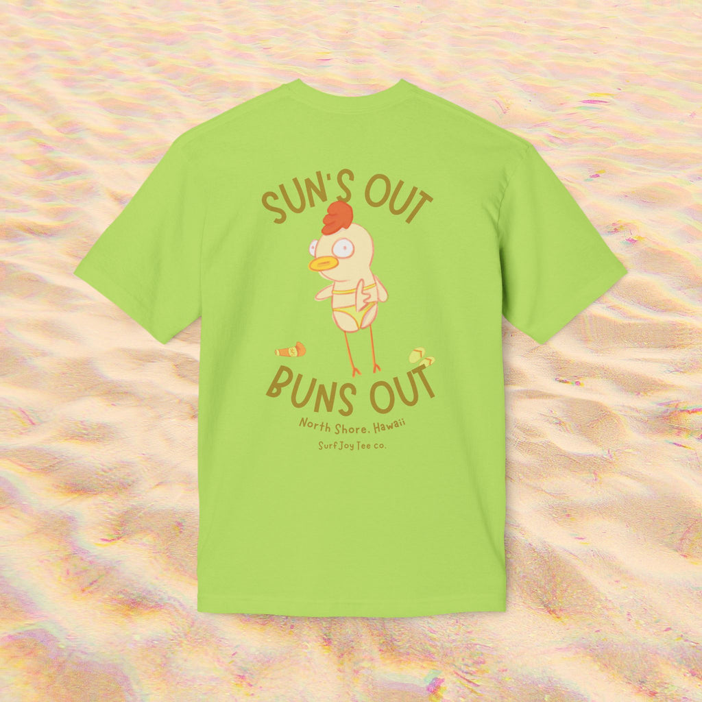 a funny beach t-shirt with a chicken in a bikini by text that reads 'suns out buns out' in a lime green color