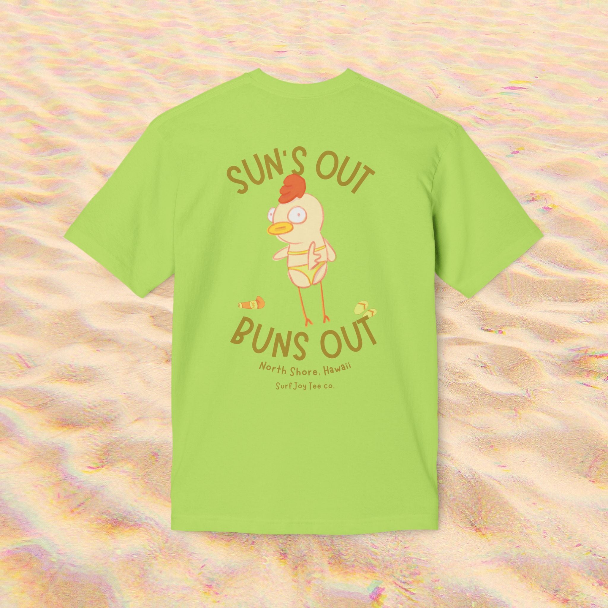 a funny beach t-shirt with a chicken in a bikini by text that reads 'suns out buns out' in a lime green color