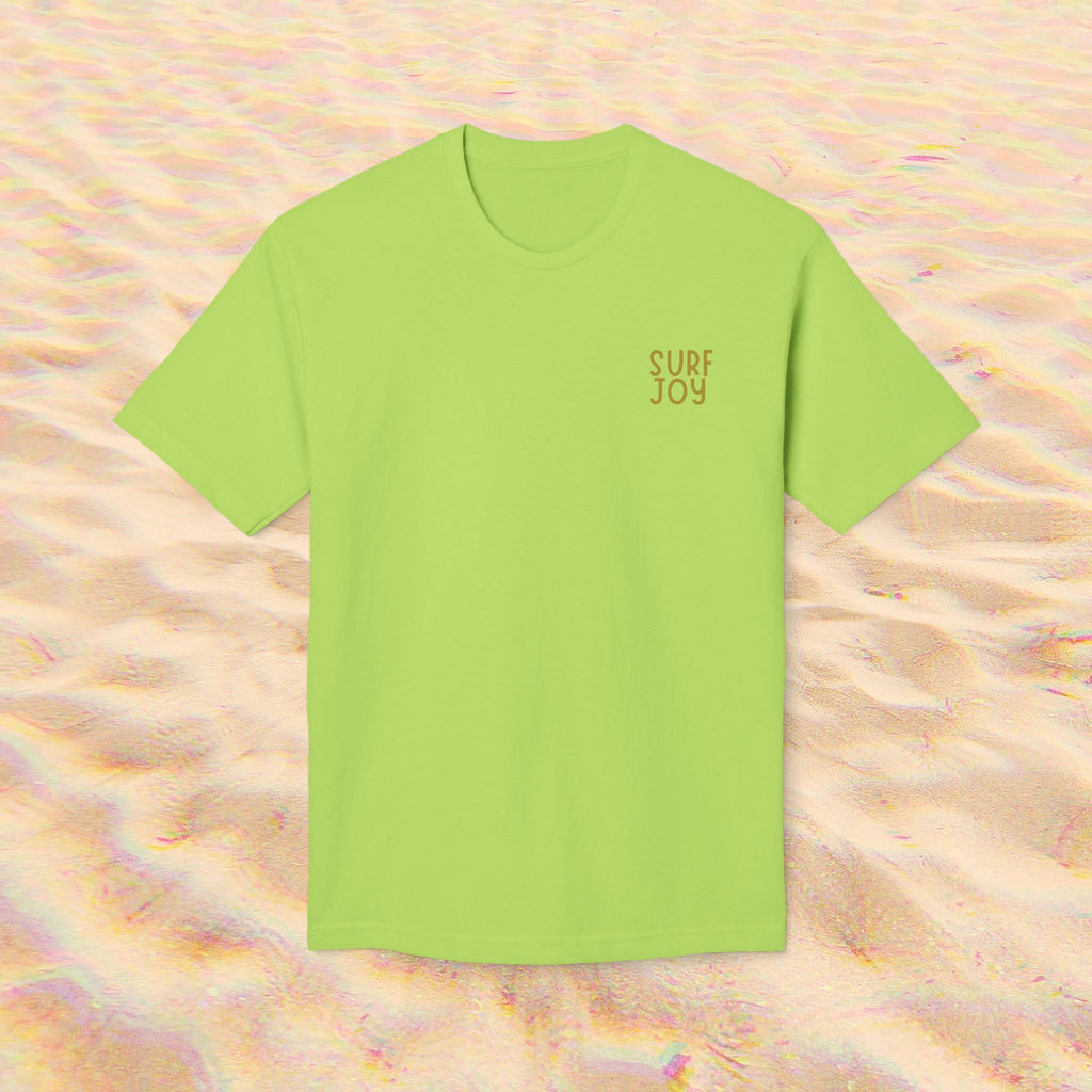 front view of a funny beach t-shirt with a chicken in a bikini by text that reads 'suns out buns out' in lime green color