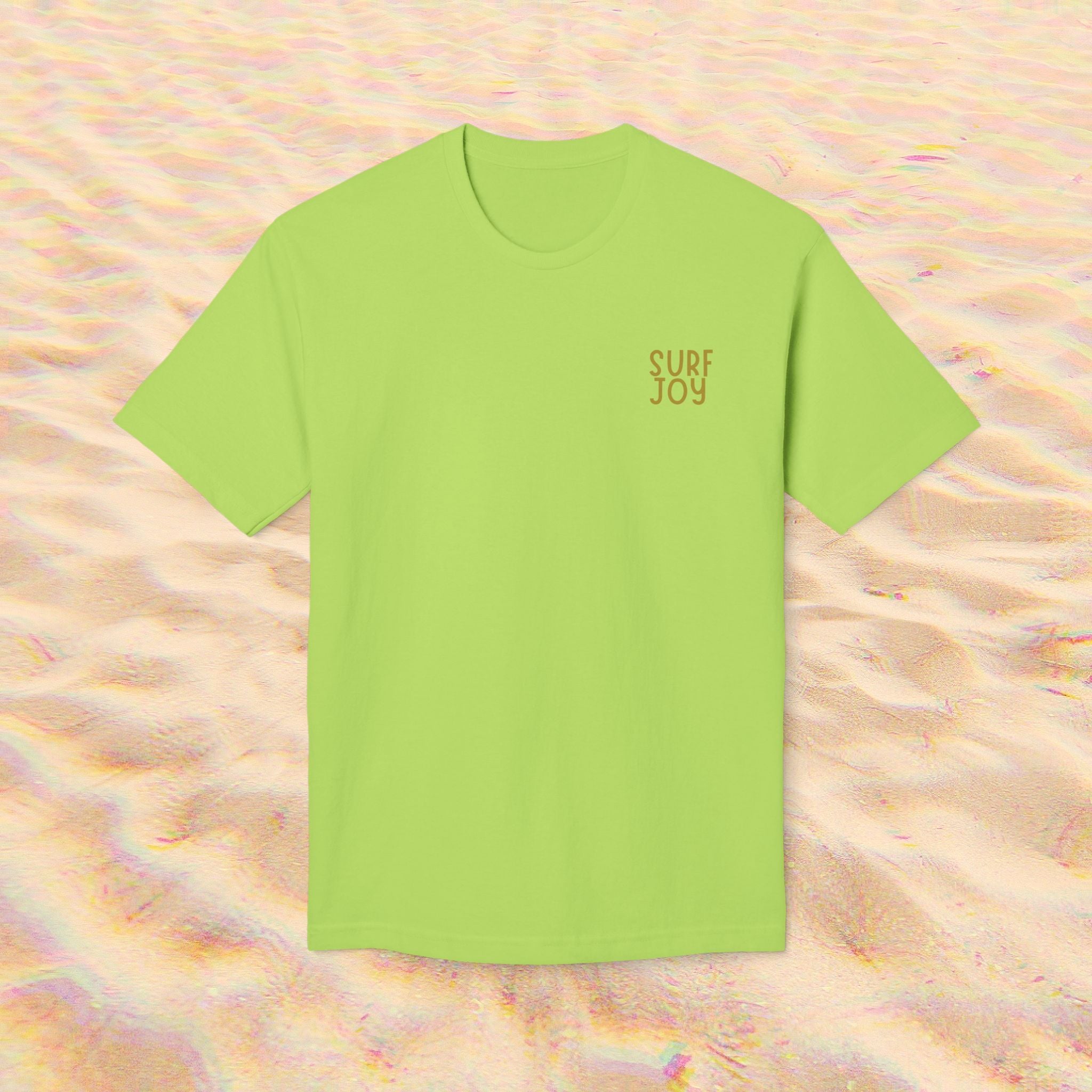 front view of a funny beach t-shirt with a chicken in a bikini by text that reads 'suns out buns out' in lime green color