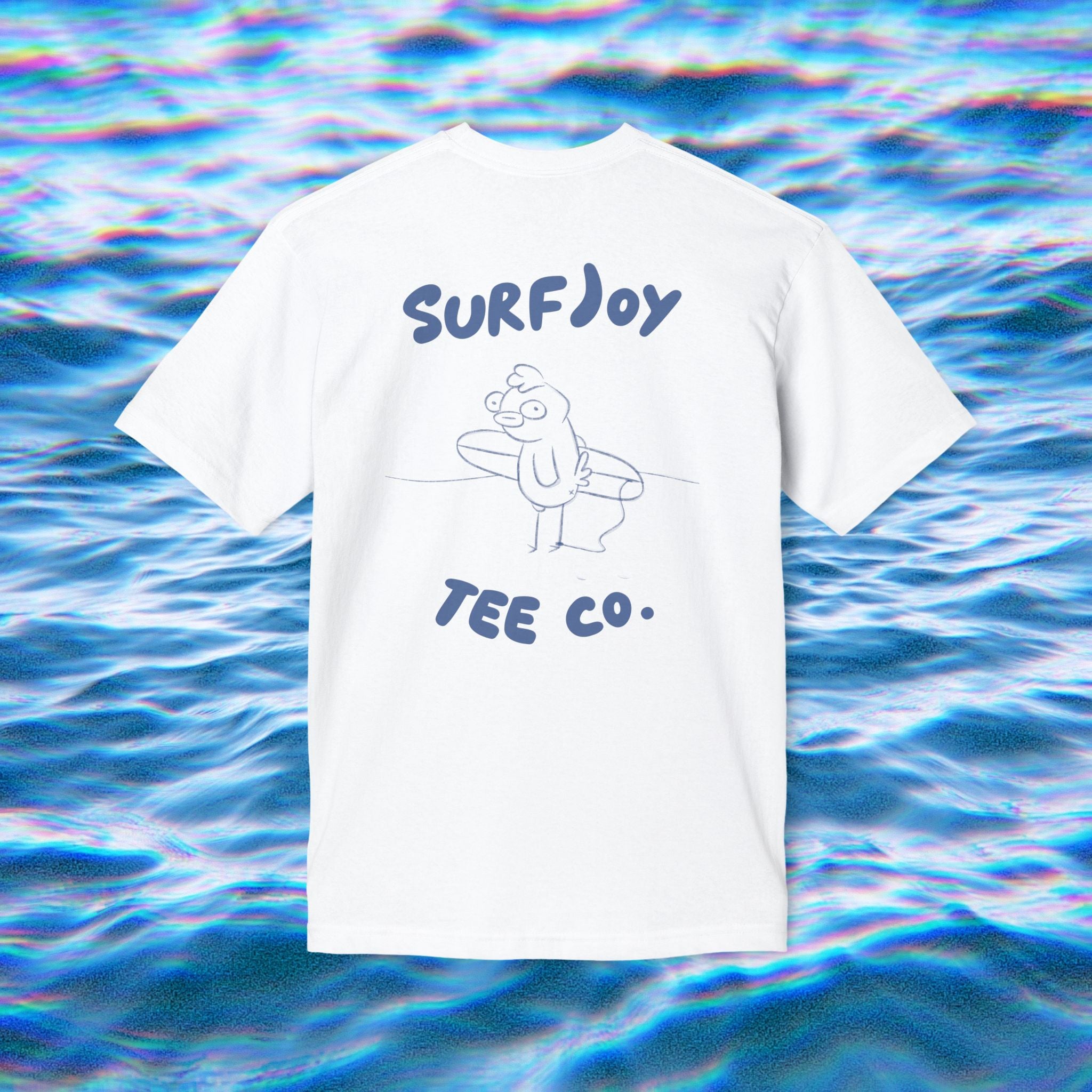 back view of surf t-shirt with design of a chicken holding a surfboard