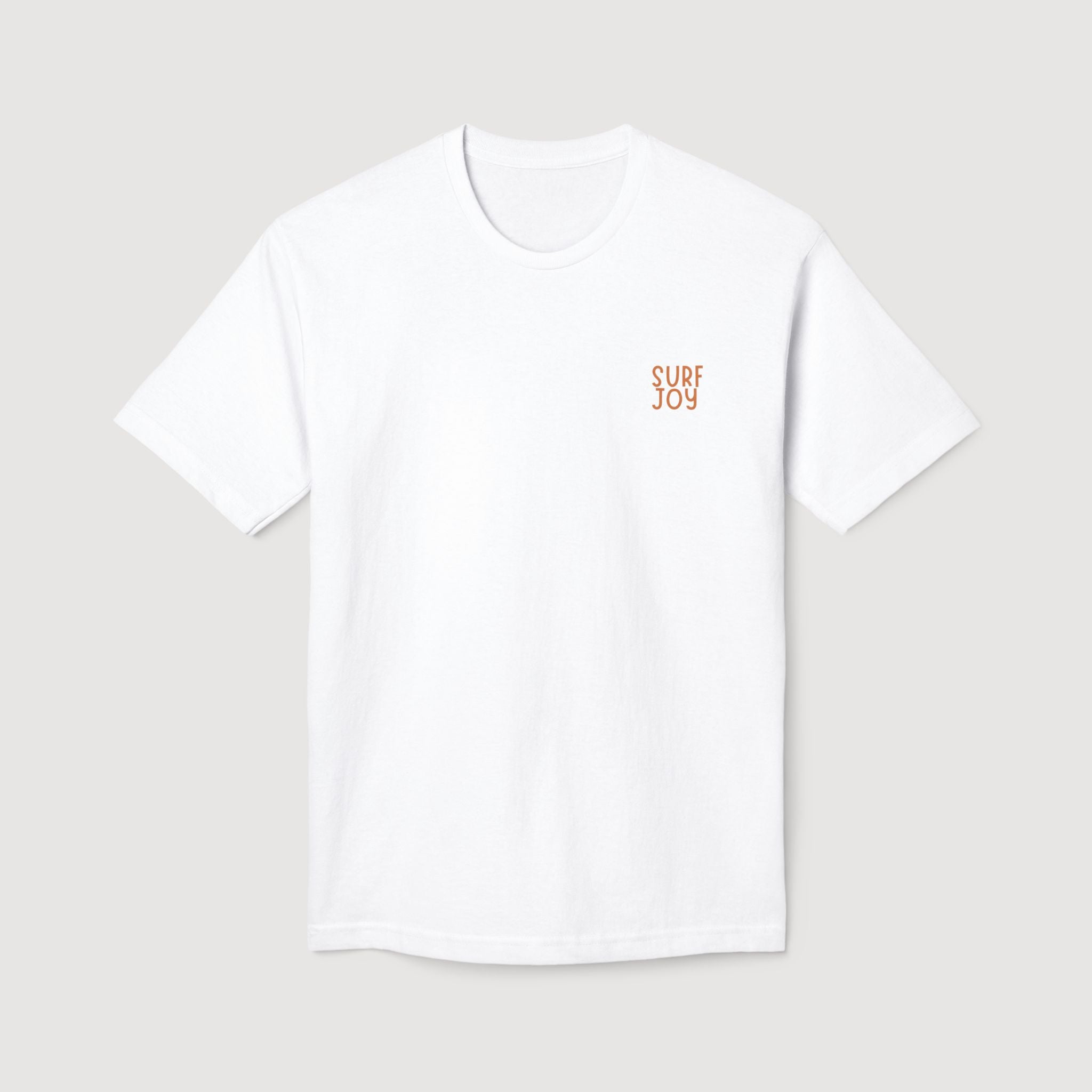 White t-shirt with 'Surf Joy' text on a light gray background