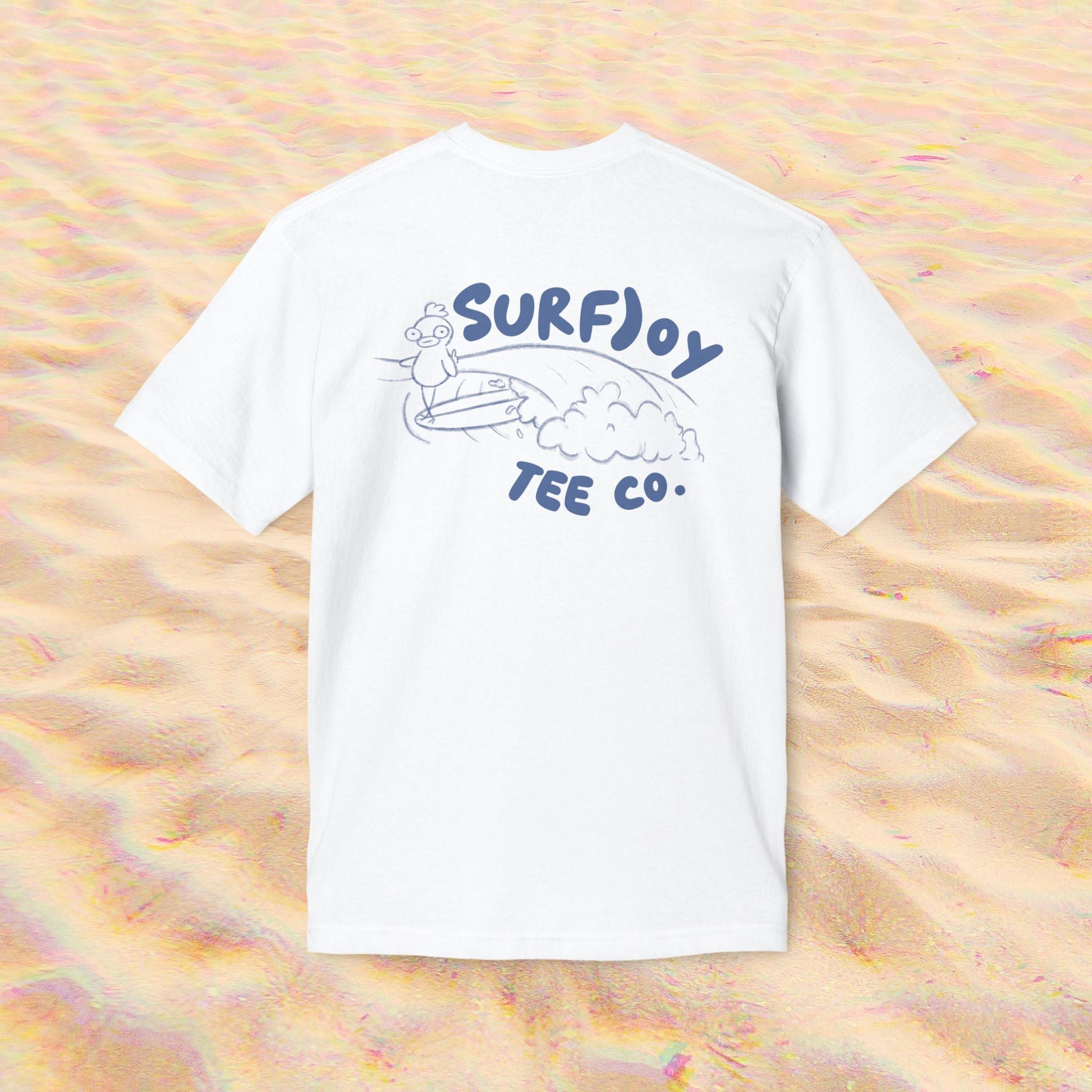 back view of t-shirt with funny design of a surfing chicken by text that says 'surfjoy tee co.'