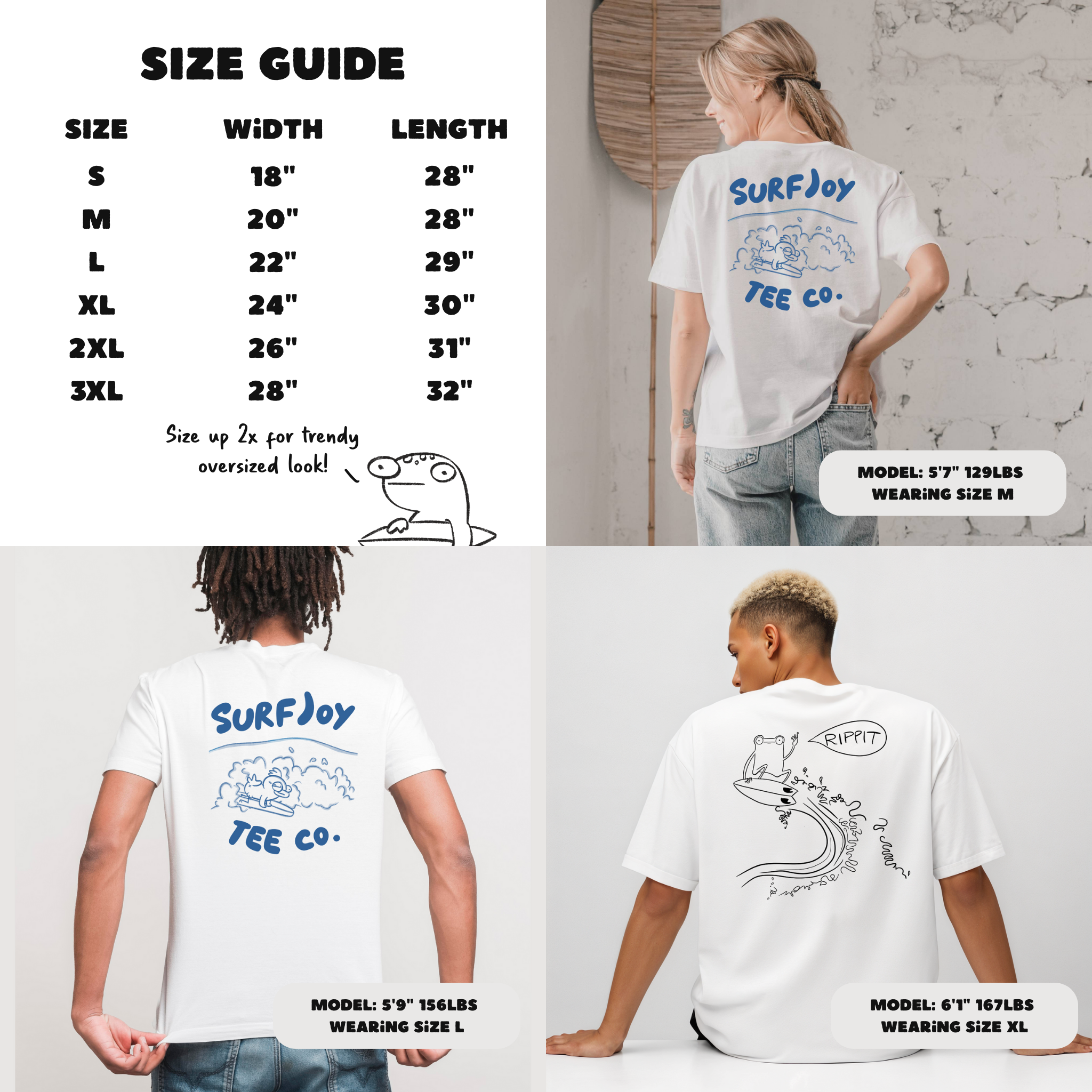 Size guide for Surfjoy T-shirts featuring measurements and model information.