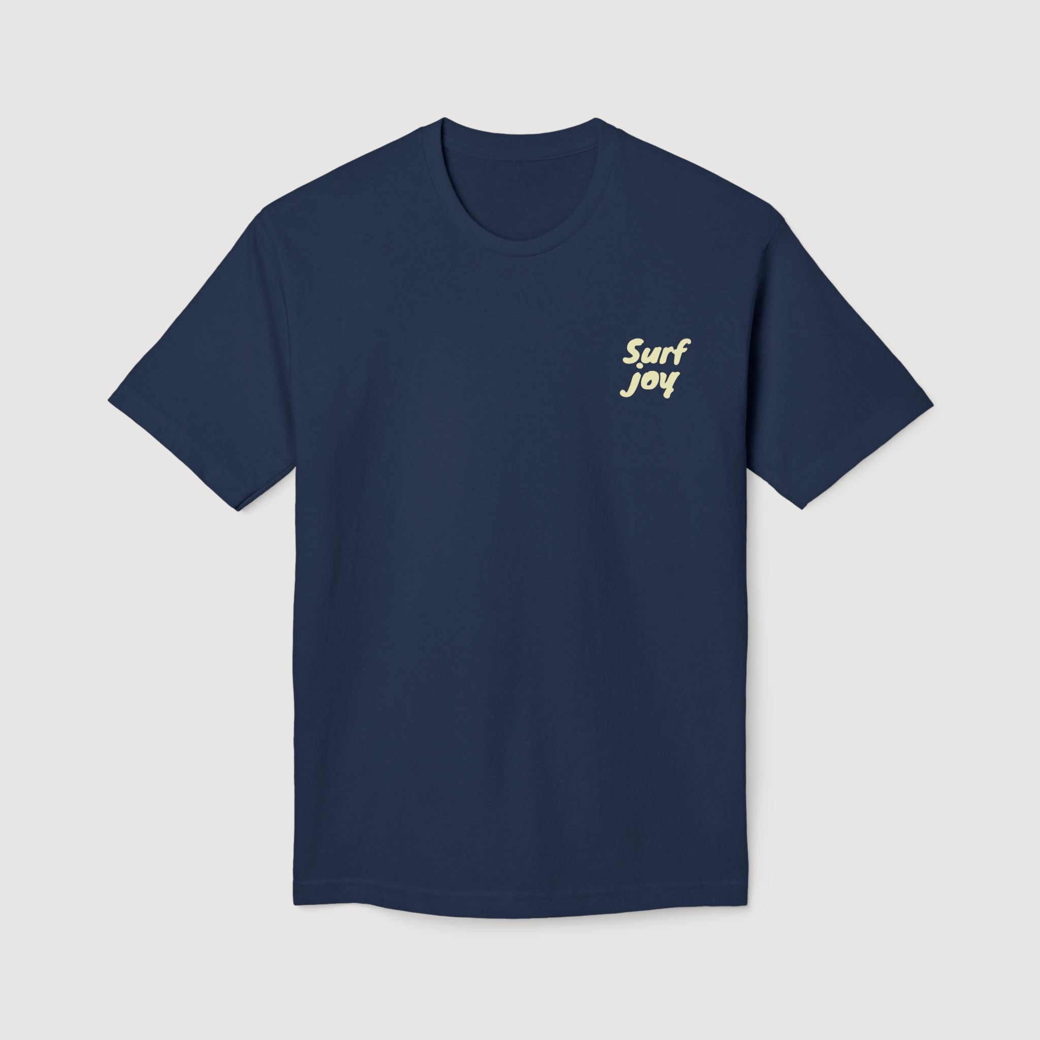 Navy blue t-shirt with 'Surf Joy' text on a light gray background