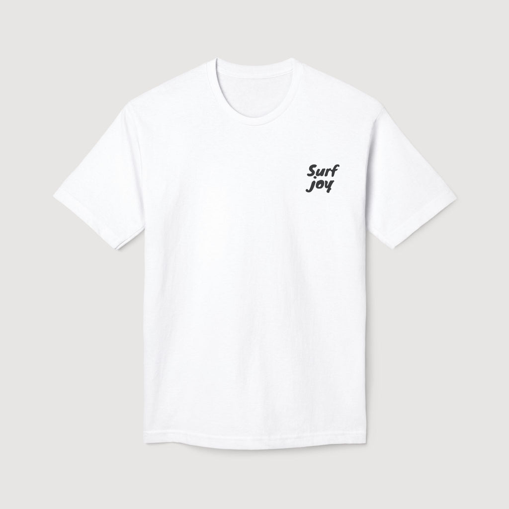 White t-shirt with 'Surf Joy' text on a light gray background