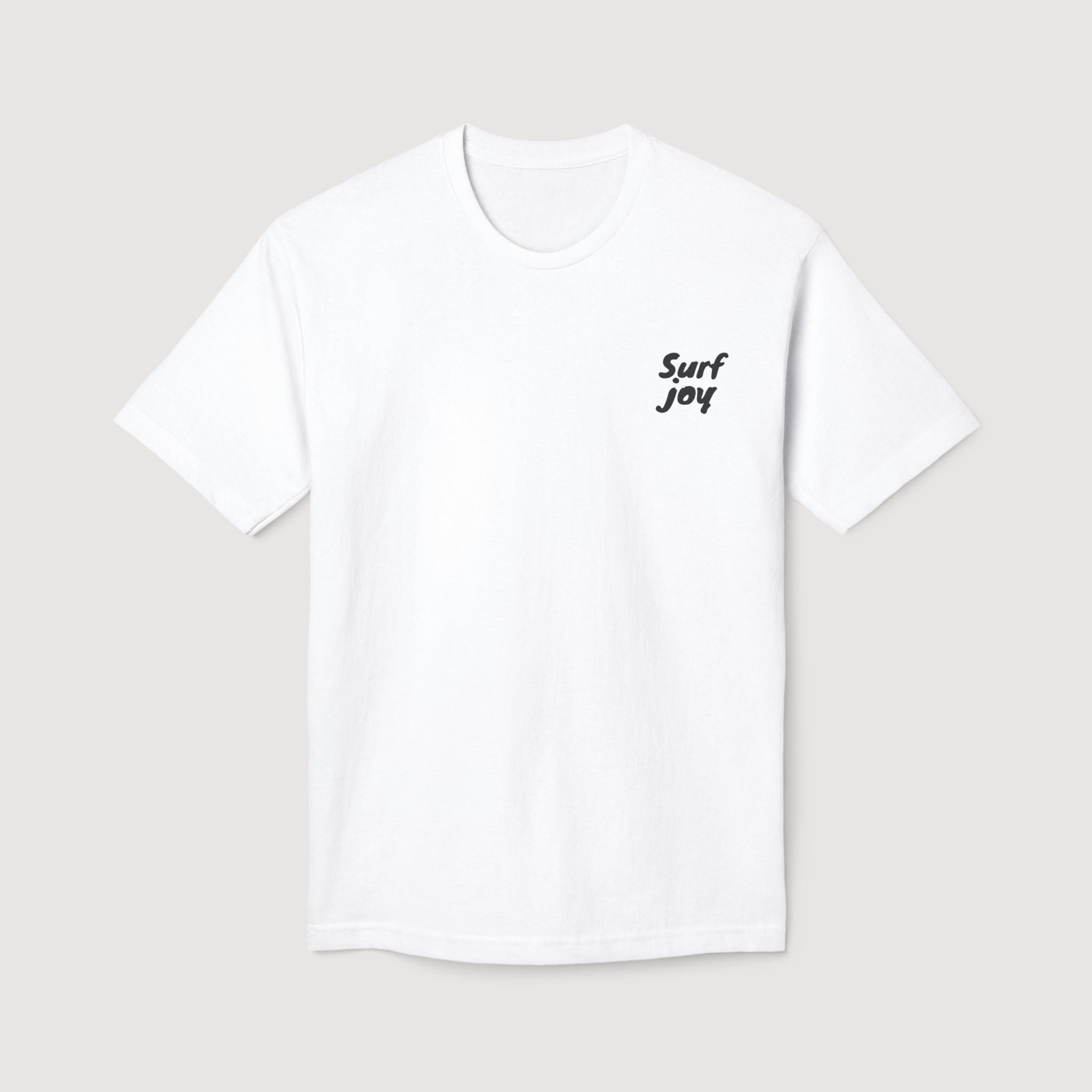 White t-shirt with 'Surf Joy' text on a light gray background