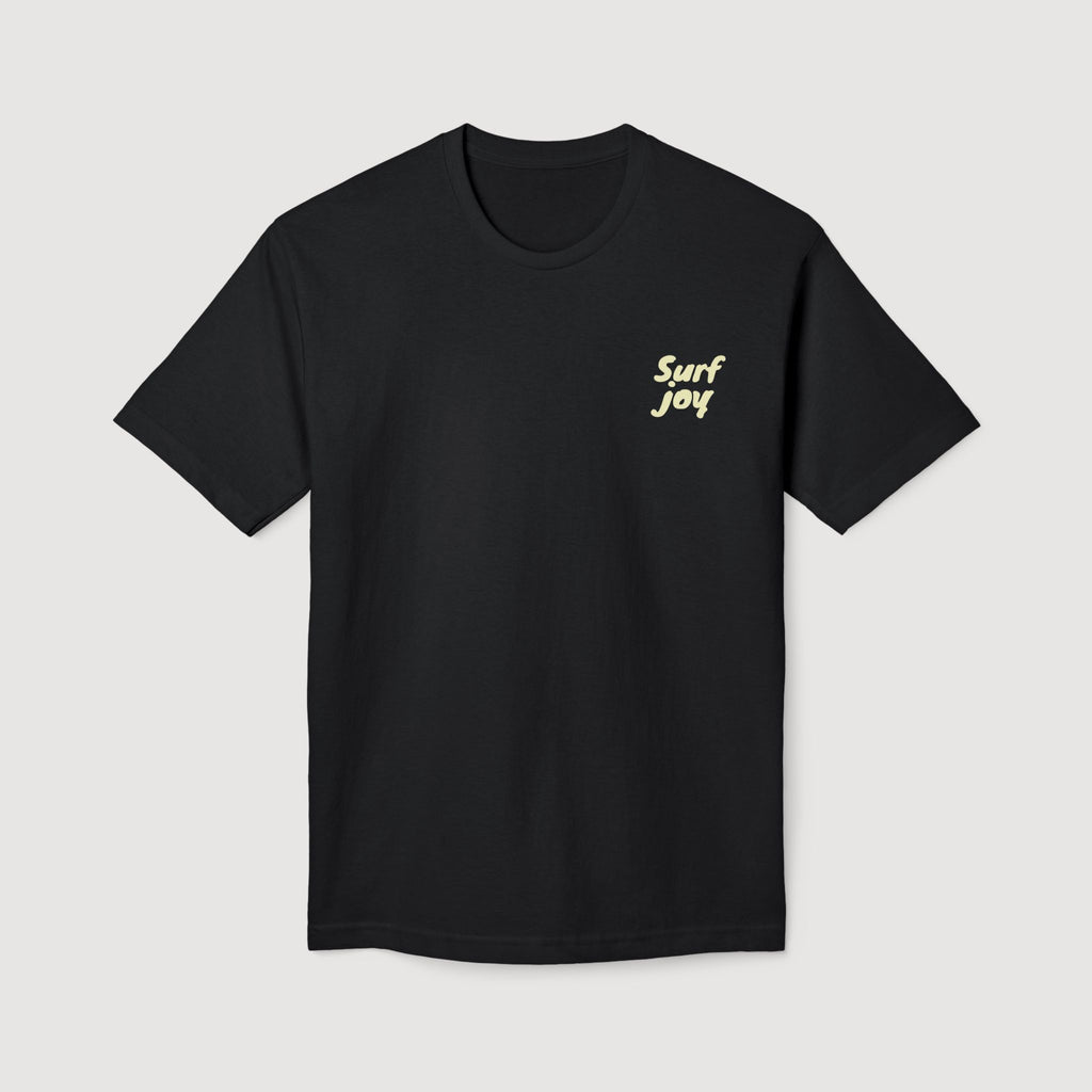 Black t-shirt with 'Surf Joy' text on a light gray background