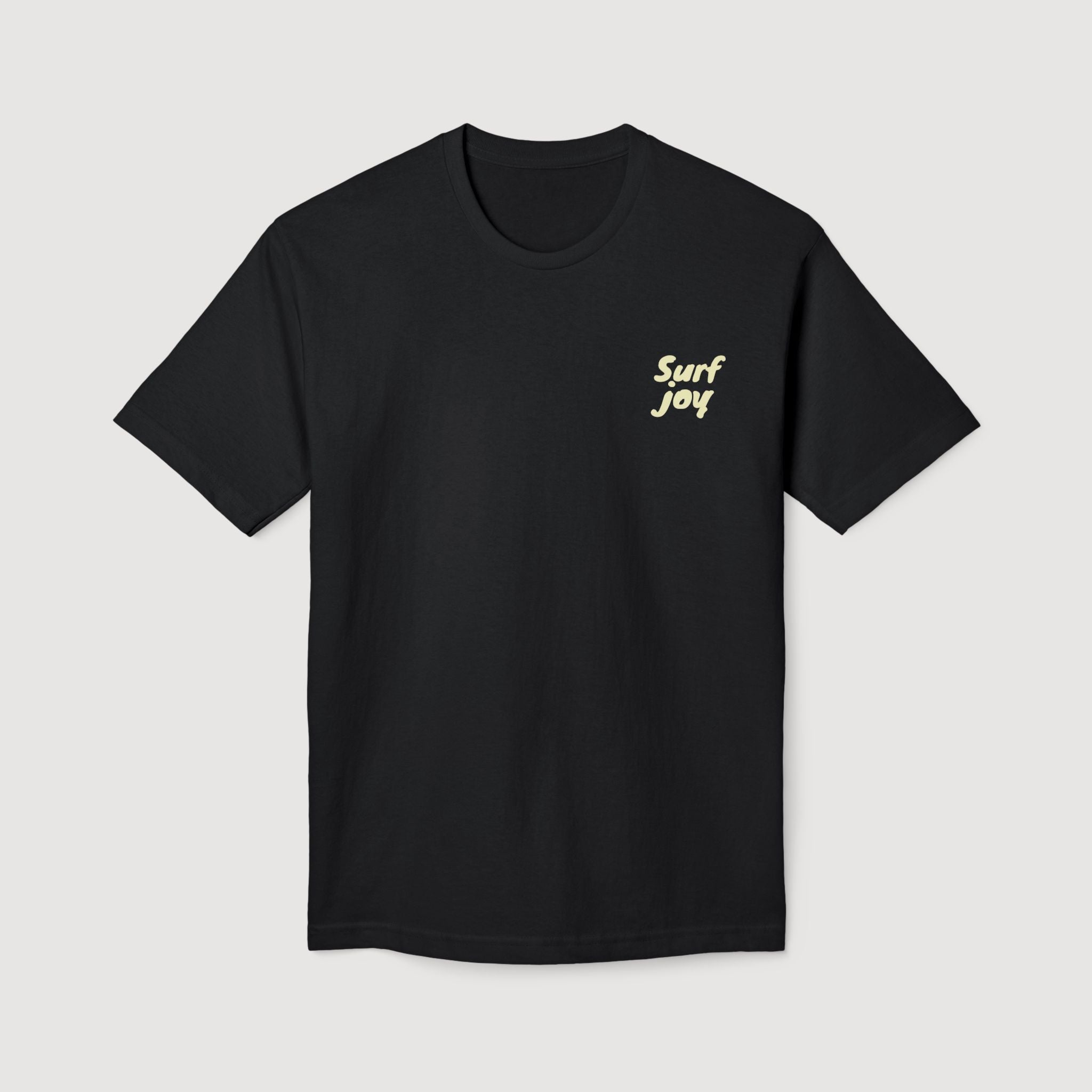 Black t-shirt with 'Surf Joy' text on a light gray background
