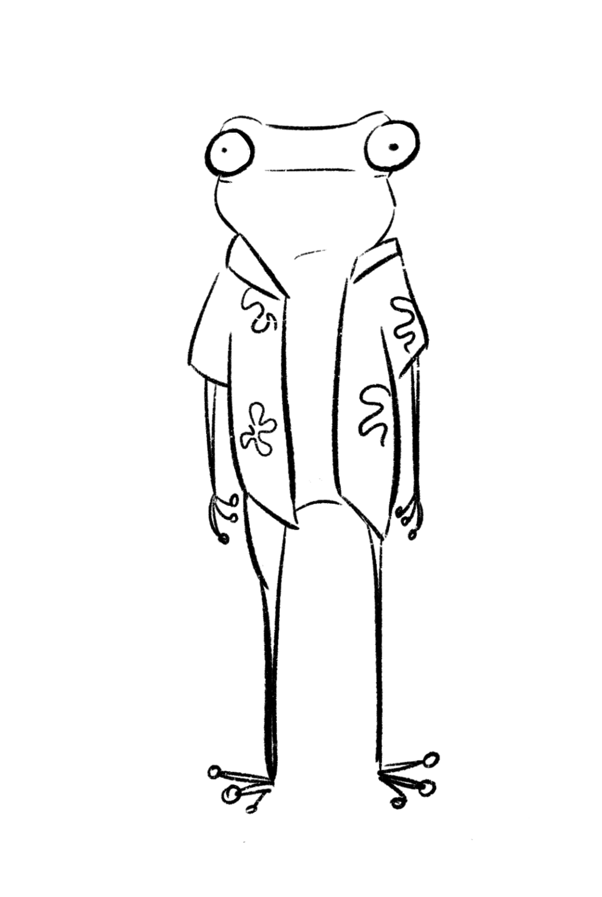Hand-drawn illustration of a frog in an aloha shirt on a white background
