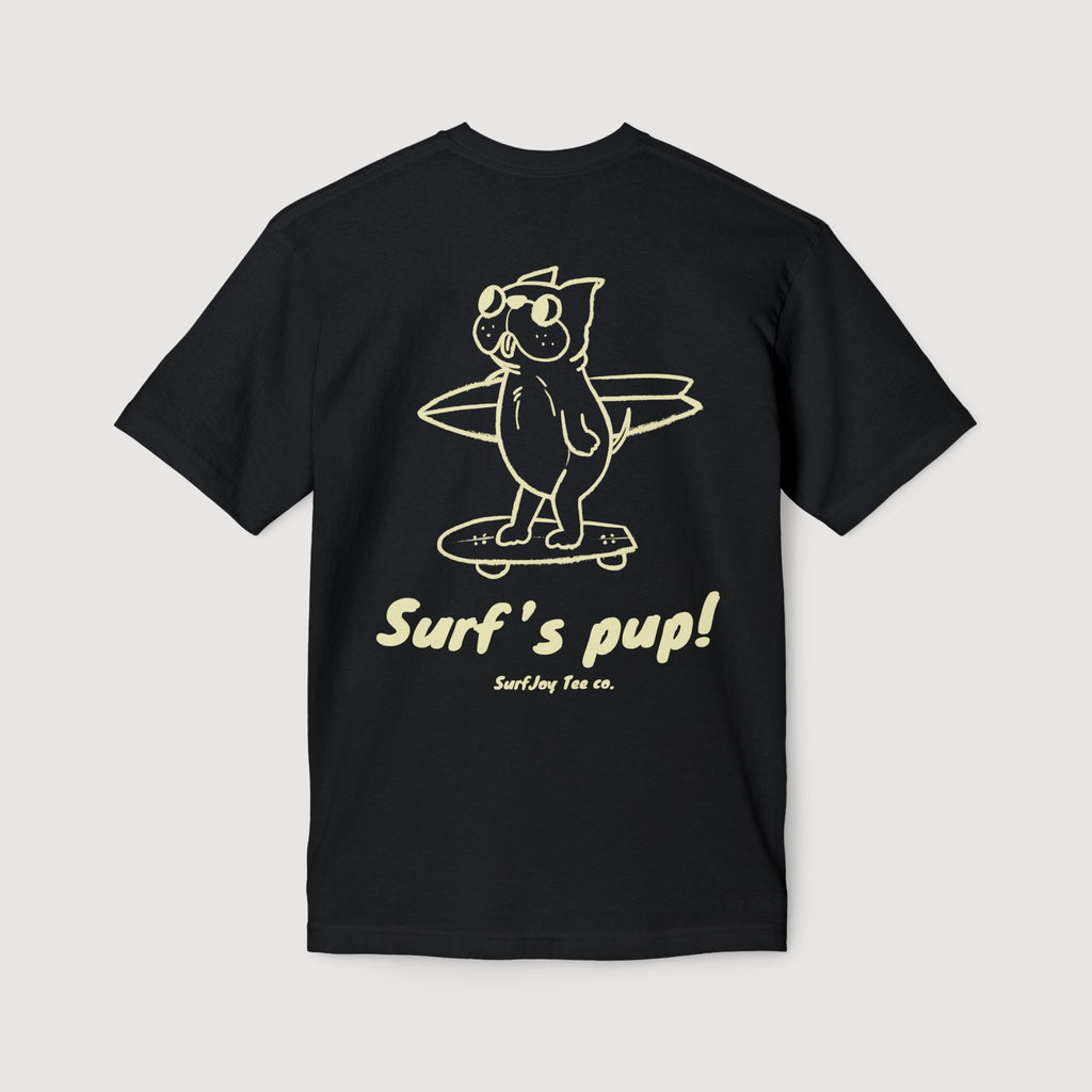 Black t-shirt with a dog surfing graphic and 'Surf's pup!' text on a light gray background