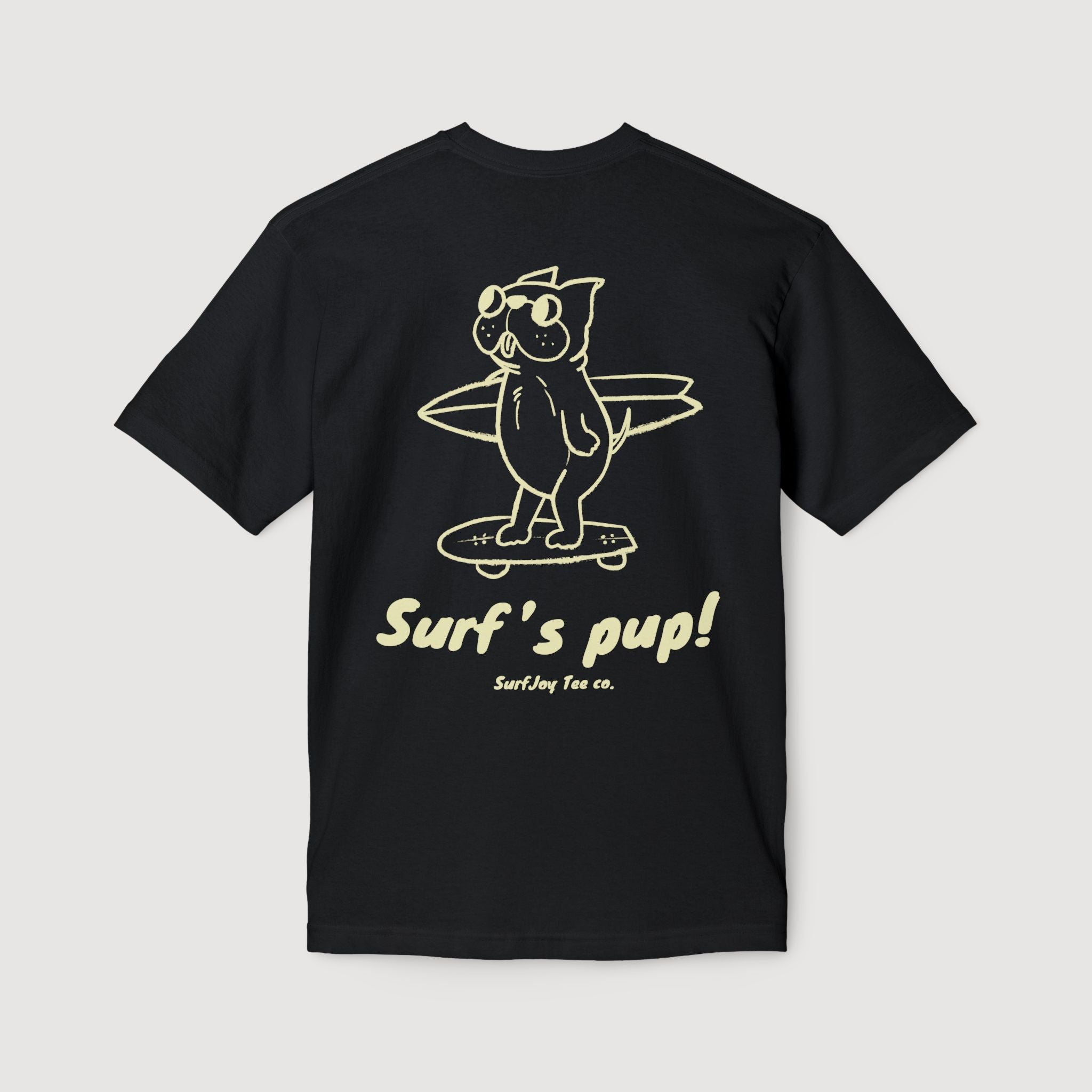 Black t-shirt with a dog surfing graphic and 'Surf's pup!' text on a light gray background
