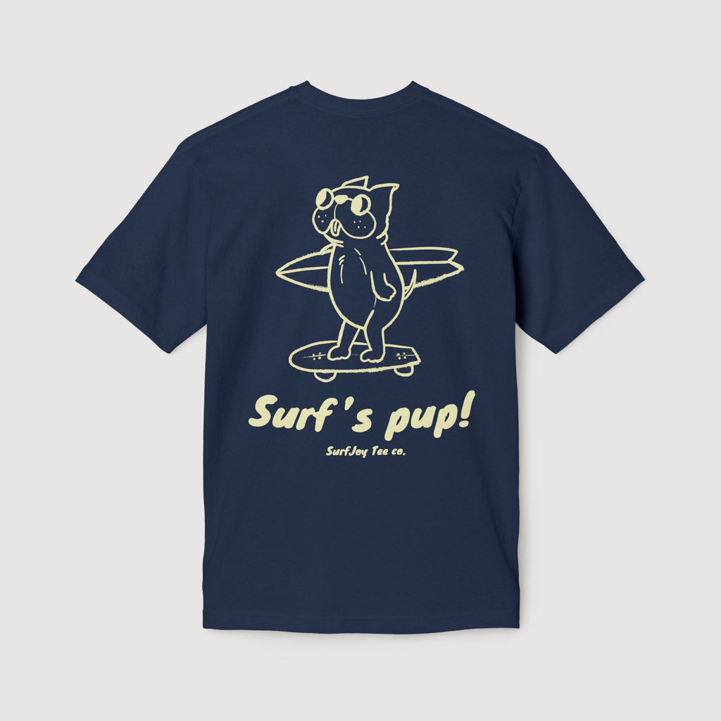 Navy blue t-shirt with a graphic of a dog surfing and 'Surf's pup!' text on a light gray background