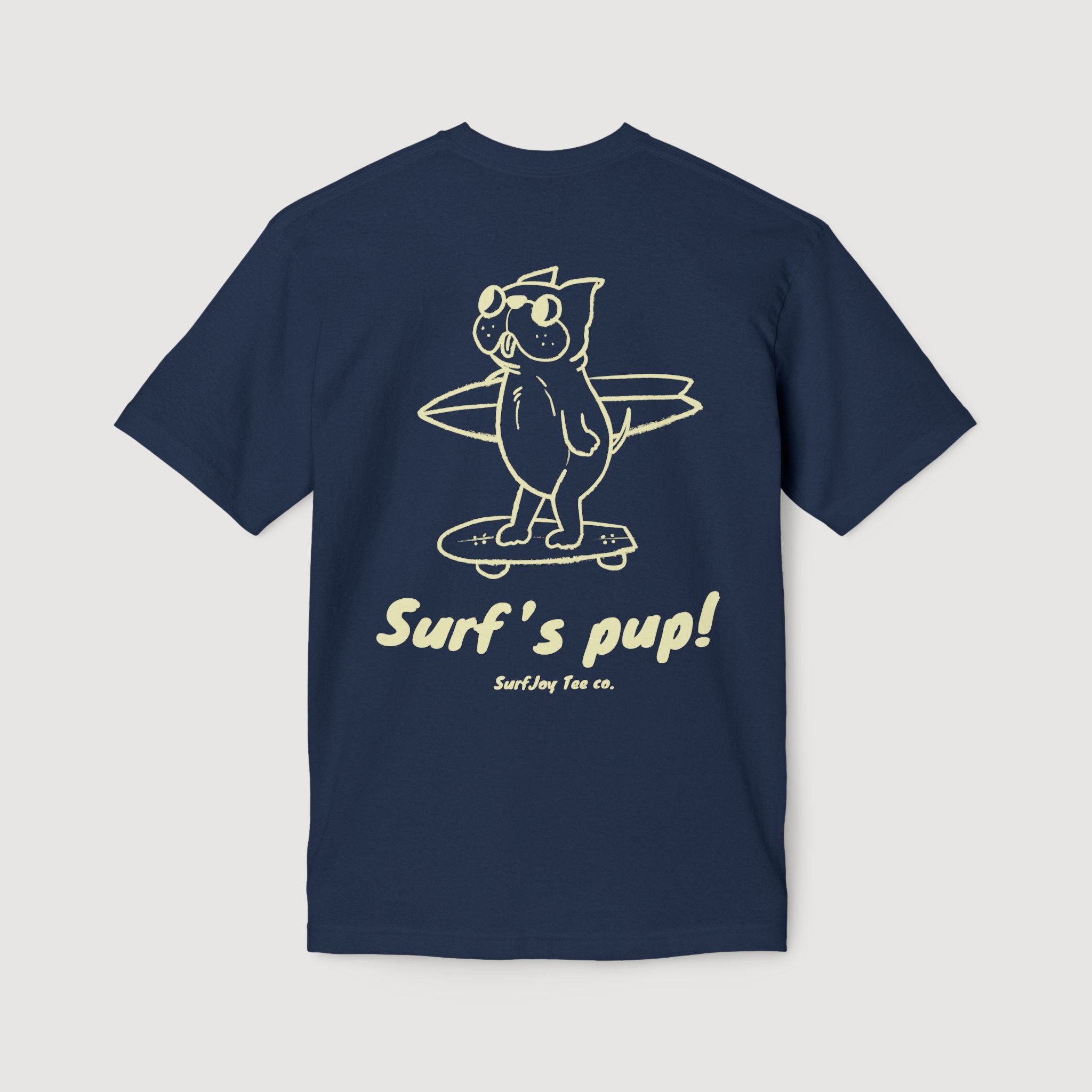 Navy blue t-shirt with a graphic of a dog surfing and 'Surf's pup!' text on a light gray background