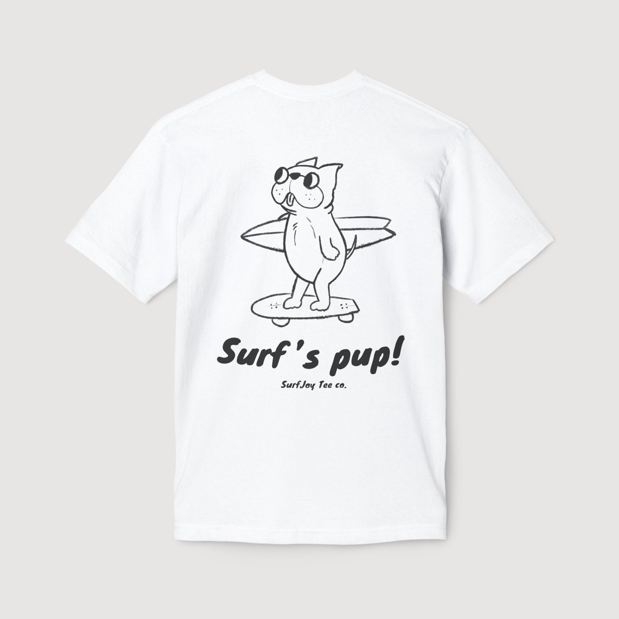 White t-shirt with a graphic of a dog surfing and text 'Surf's pup!' on a light gray background