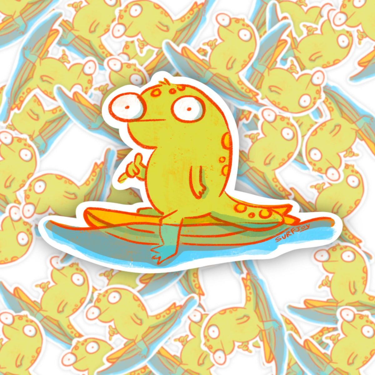 A die-cut sticker featuring a cartoon gecko with orange spots sitting on a blue and orange surfboard, shown on a light gray background. shown against a background of repeated matching stickers.