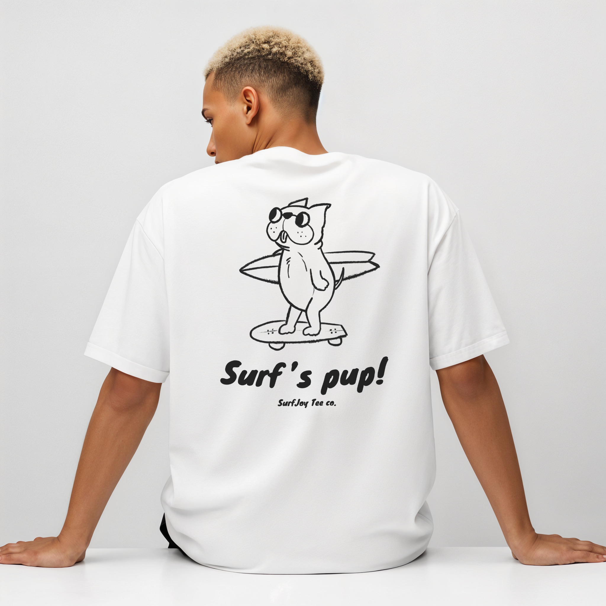 back view of a male model wearing a white t-shirt with a design of a dog skating to the beach carrying a surfboard over text that reads 'surf's pup!'