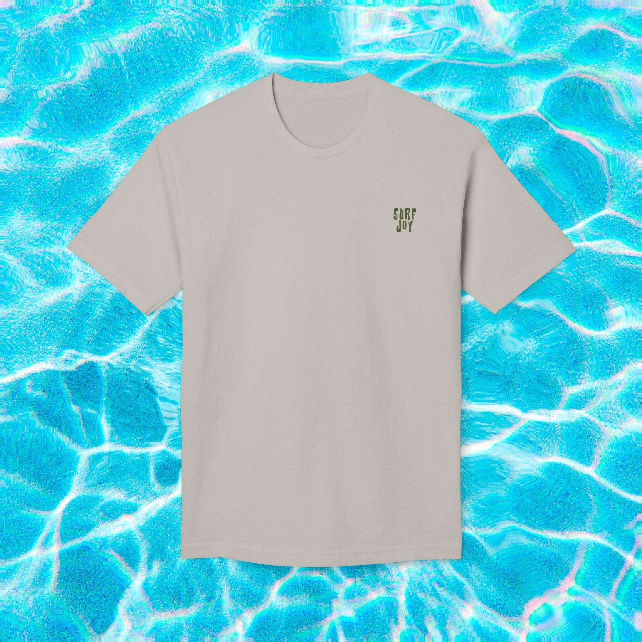 front view of a waikiki beach t-shirt featuring a dog in a beach chair with text thats says 'another ruff day in paradise' in gray variant