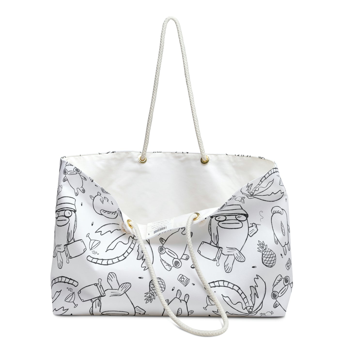 trippy beach bag, white with black linework in the style of surfjoy, an ode to hunter s thompson