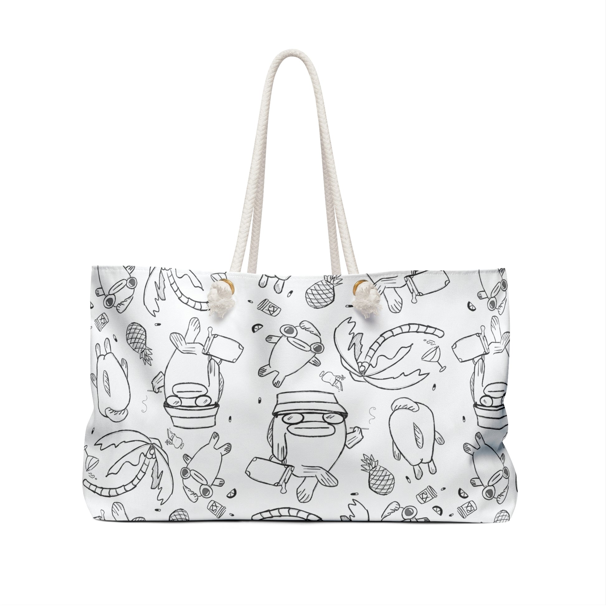 trippy beach bag, white with black linework in the style of surfjoy, an ode to hunter s thompson