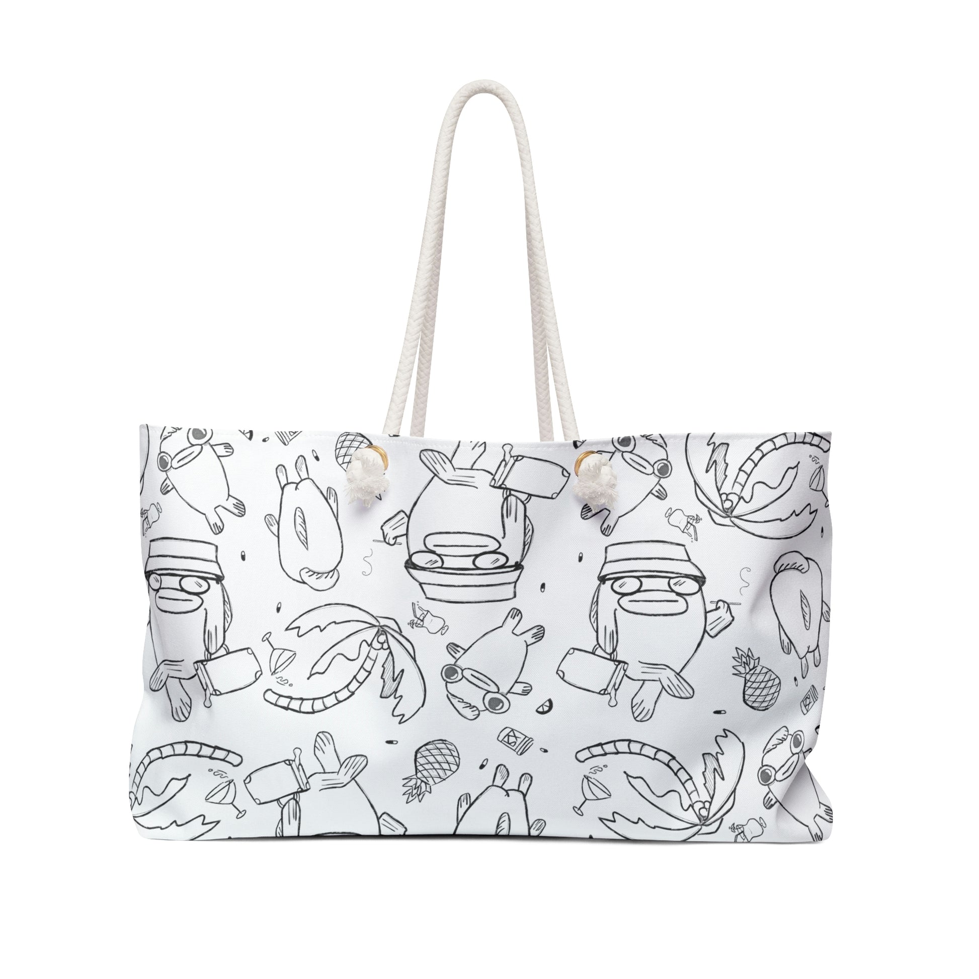 trippy beach bag, white with black linework in the style of surfjoy, an ode to hunter s thompson